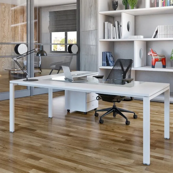 Bureau Tempo Pm avec retour à 4 tiroirs à droite verre clair