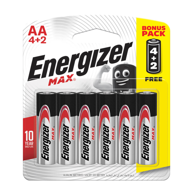 4+2 PILES ALKALINE AA ENERGIZER MAX LR6 1.5V E91 BP4+2