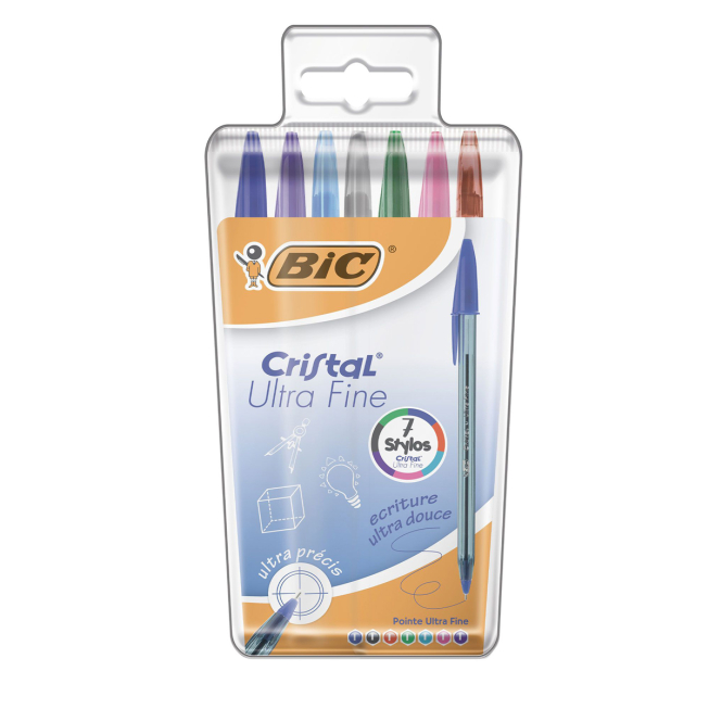 pochette de 7x stylos à bille bic cristal ultra fine