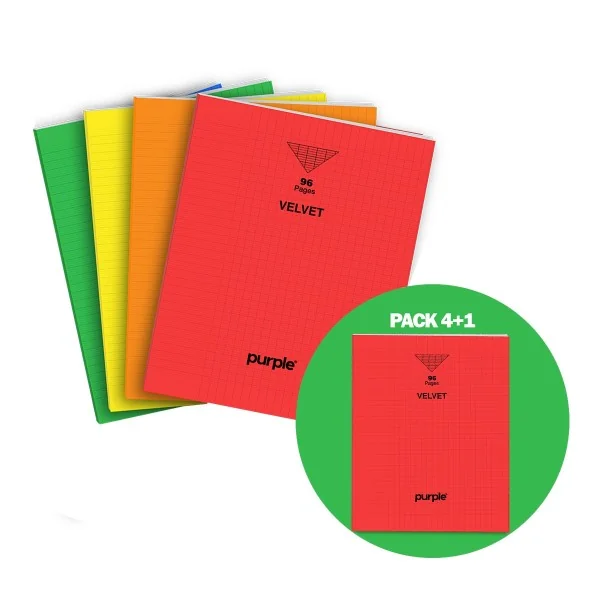Cahier Couverture PP A4 Velvet 96 Pages PACK 4+1 Purple