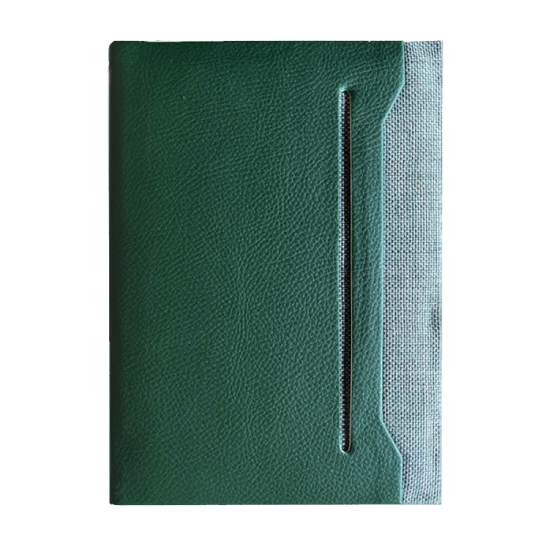 NOTEBOOK AVEC POCHE EXTERIURE EN TISSU VERT FONCE