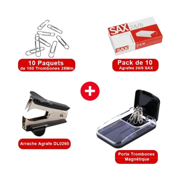 Pack Fournitures de Bureau –Trombones, Agrafes, Arrache-Agrafes & Porte-Trombones