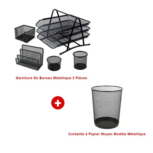 Pack Garniture de Bureau Métallique 5 Pièces + Corbeille à Papier