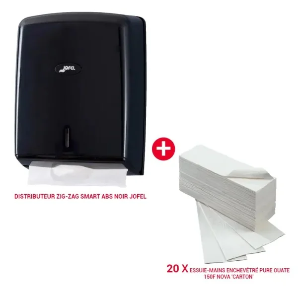 Pack Essuie-mains Nova x20 + Distributeur Jofel Zig-Zag Noir