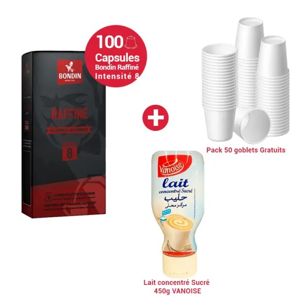 Pack Café Bondin Raffiné – 100 capsules + 50 gobelets + Lait concentré sucré 450g