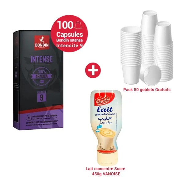 Pack 100 Capsules Bondin Intense + + 50 Gobelets Offerts + Lait Concentré Vanoise 450g