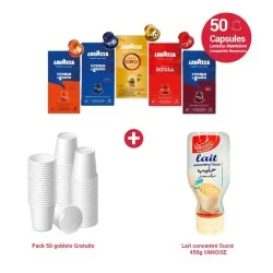 Pack Café Premium – 50 Capsules Lavazza + 50 Gobelets Offerts + Lait Concentré Vanoise 450g