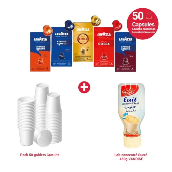 Pack Café Premium – 50 Capsules Lavazza + 50 Gobelets Offerts + Lait Concentré Vanoise 450g