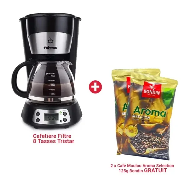 Pack Cafetière Tristar 8 Tasses + 2x Café Moulu Bondin 125g Offerts
