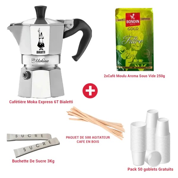 Pack Café Complet – Moka Express 6T Bialetti + 2x Café Moulu Aroma 250 g + 3 kg Sucre + Gobelets & Agitateurs Offerts