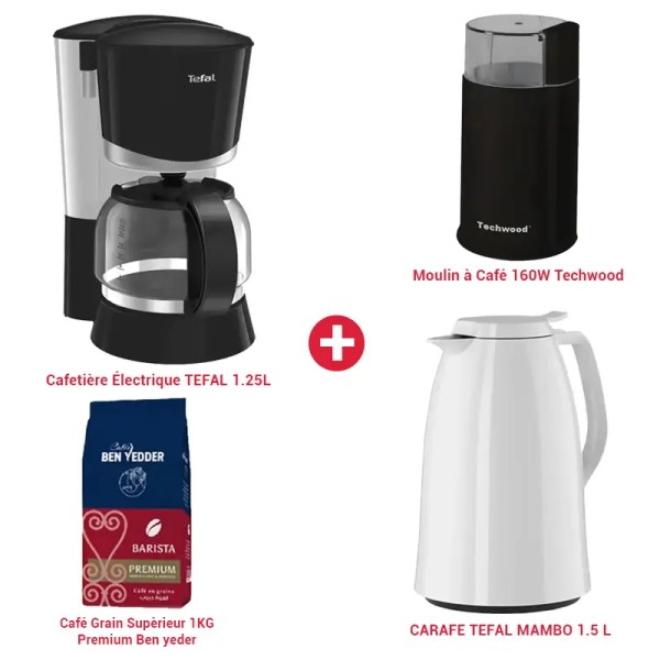 Pack Café Premium Cafetière et Carafe TEFAL + Moulin à Café Techwood – 1 kg de Grains Ben Yeder