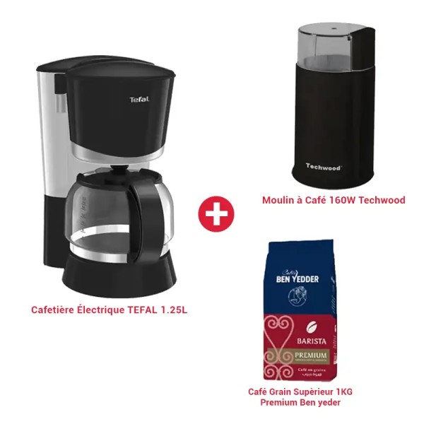Pack Café – Cafetière Tefal 1,25 L, Moulin Techwood & 1 kg de Grains Ben Yedder