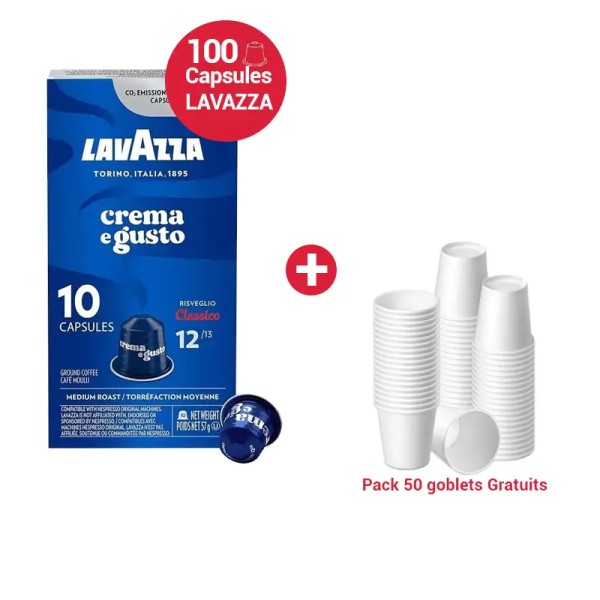 Pack 100 Capsules Lavazza Crema Classico Compatibles Nespresso® + 50 Gobelets Offerts