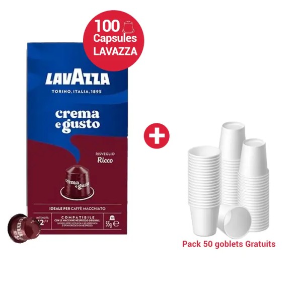 Pack 100 Capsules Lavazza Crema Ricco Compatibles Nespresso® + 50 Gobelets Offerts