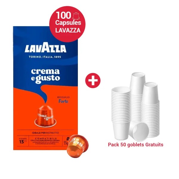 Pack 100 Capsules Lavazza Crema e Gusto Forte Compatibles Nespresso® + 50 Gobelets Offerts