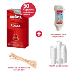 Pack Café_50 CAPSULES Lavazza Qualità Rossa  + Gobelets & 500 Agitateurs Offerts + Lait Concentré Sucré